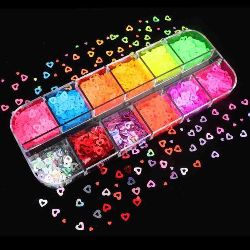 Paillettes fluorescentes en forme de cœur creux 3D, 12 grilles/boîte,  paillettes holographiques pour Nail Art, 12 couleurs, trou Laser, G202 * |  AliExpress