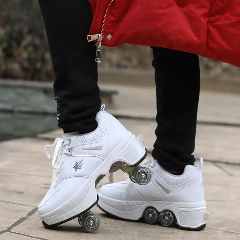 Roller Skates Deformation Parkour Shoes Automatic Walking Shoes 2 in 1 Double Line Skates/Kick Rollers Shoes for Adults Shoes with Wheels for Girls/Boys