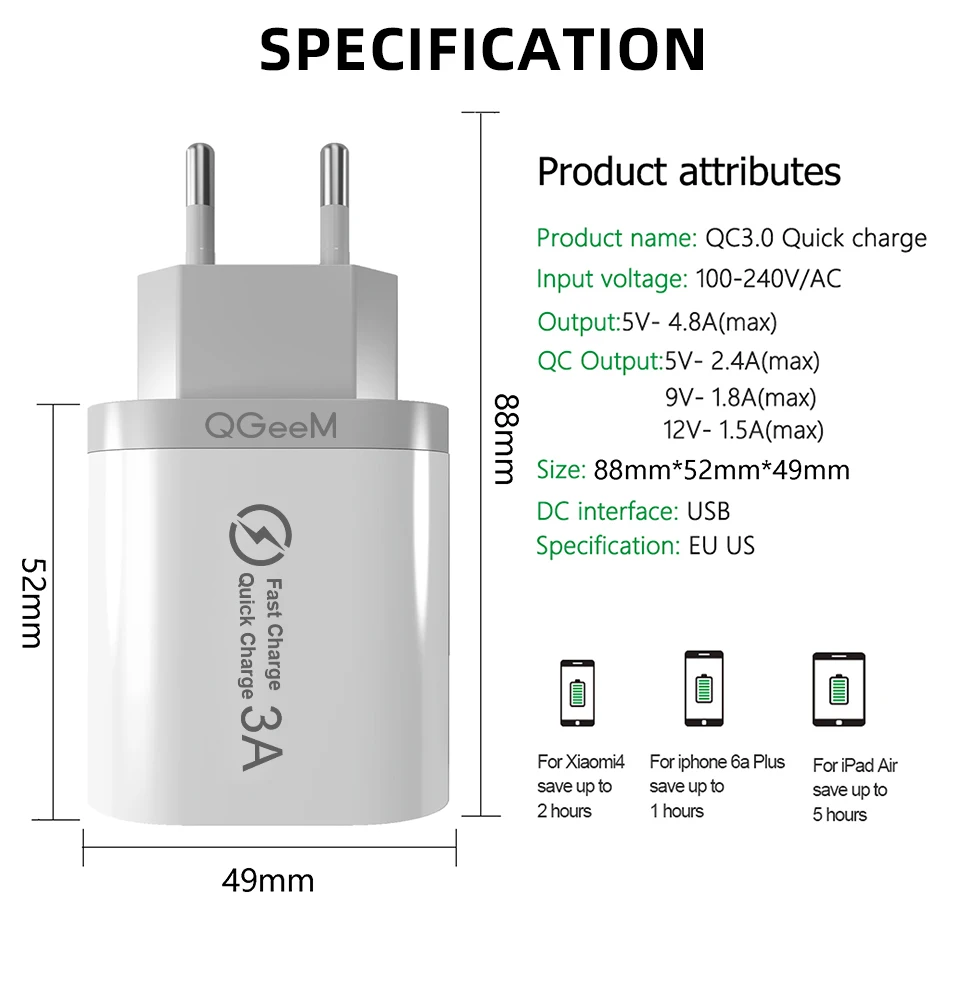 12 v usb QGEEM Quick Charge 3.0 3 USB Charger for iPhone Fast Charger for Xiaomi QC 3.0 Portable Phone Charger Charging Adapter usb c 30w