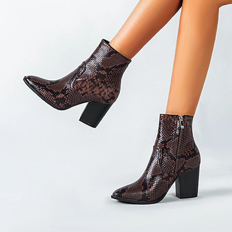 

High Quality 2020 Autumn Winter Ankle Boots for Women Animal Snake pattern PU Leather High Heels Booties Ankle botas Shoes