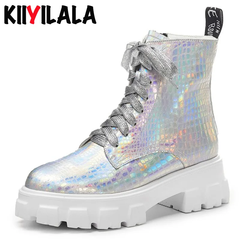 

Kiiyilala Genuine Leather Platform Boots Women Booties Square Heels Round Toe Cross-tied Bling Ankle Boots Chunky Heels Shoes