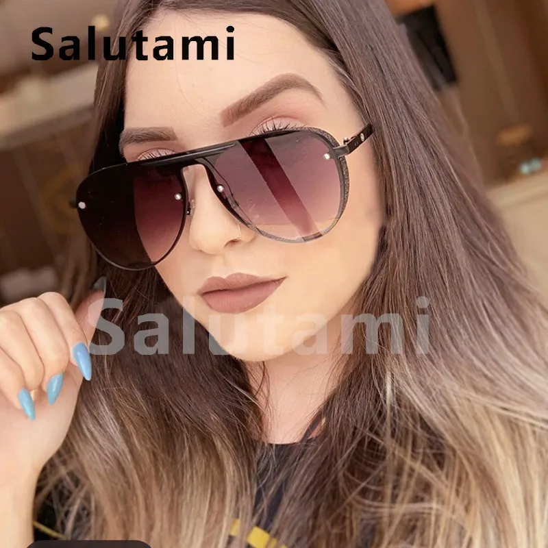 

Crystal Thick Frame One Piece Sunglasses For Women Black Oval Luxury Brand Sun Glasses Men Vintage Metal Stripe Mirror Shades