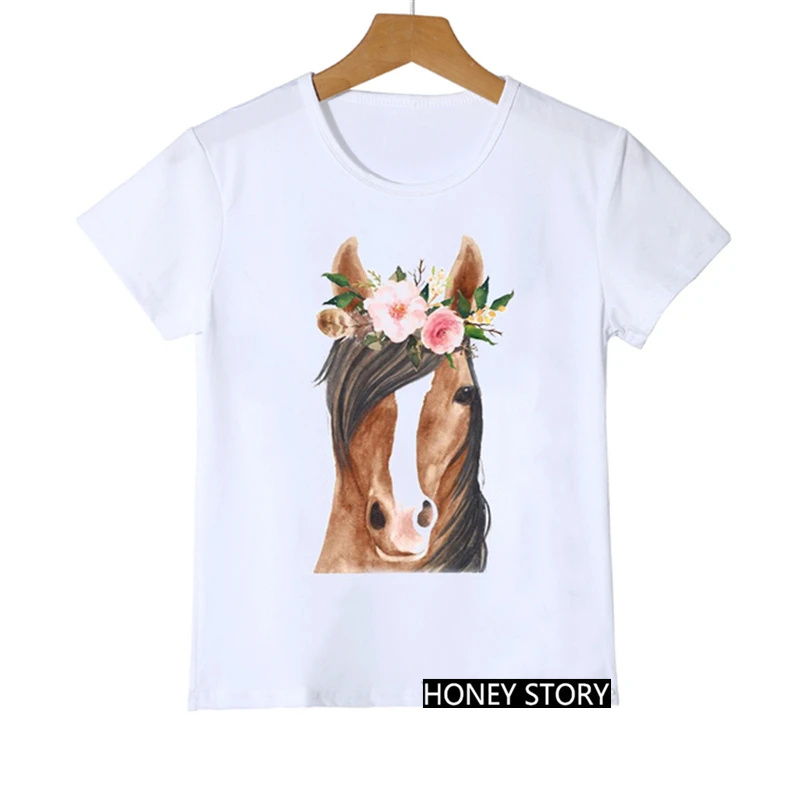 Cute Flower Horse/Penguin/Dog/Fox/Bear/Alpaca/Flamingo/Owl/Pig Animal Print T-shirts for Girls Funny Kids T shirt Girl Clothes couple t shirt
