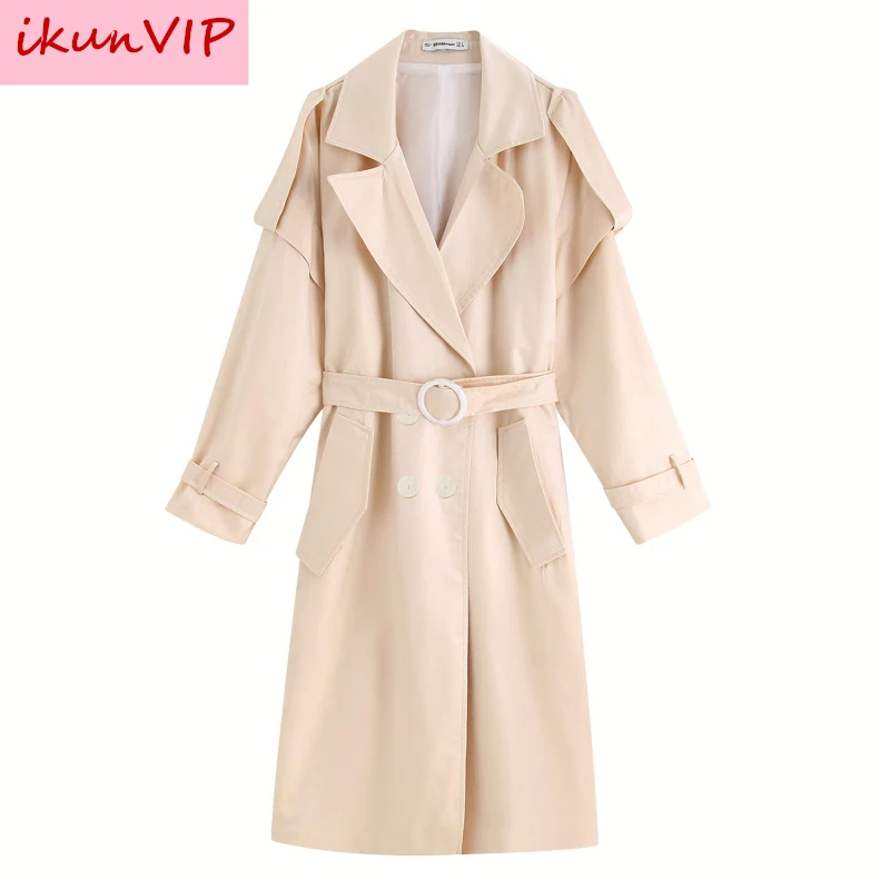 

Za elegant Long Women wind coat 2 pockets belted Jackets solid color coats windbreak Female Outerwear windcheater