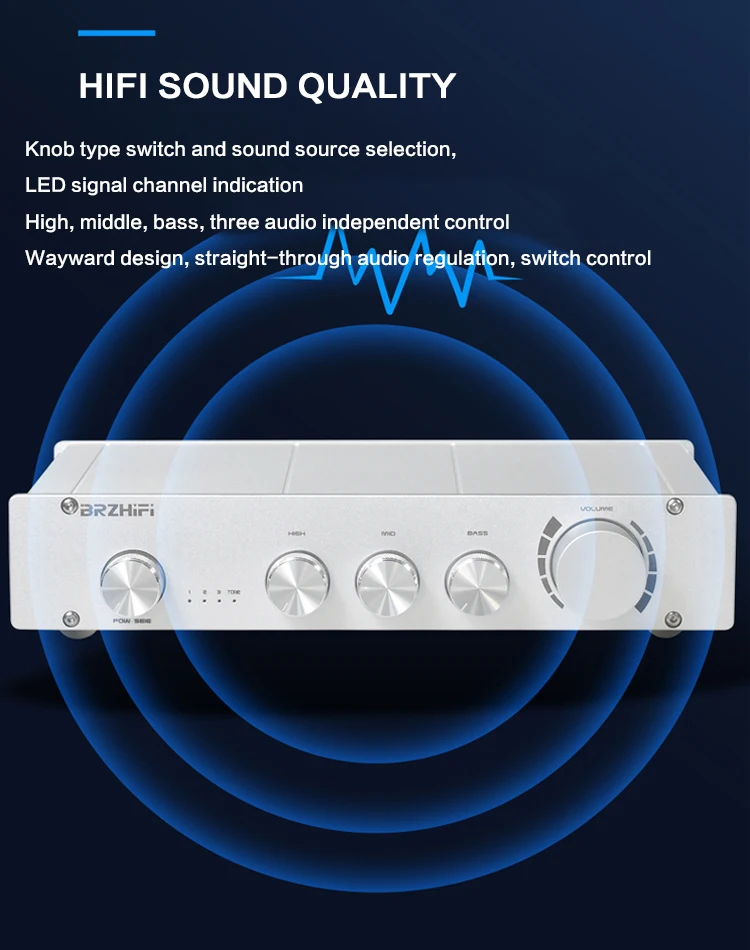 BRZHIFI Pure Class A 2.0/2.1 Channel Preamplifier High Bass Adjustable Bluetooth 5.0 Decoding Amplifier Aluminum Black / Silver karaoke amplifier