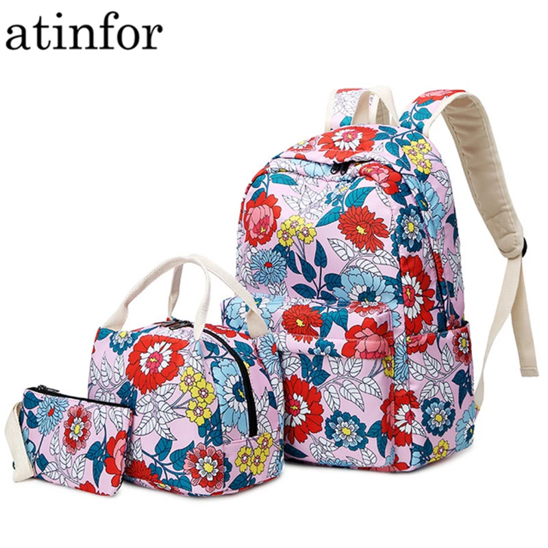 cheap Waterproof Flower Printing School Bag for Teenagers Girls Nylon Bag Set Women Backpack Lunch Box Student Book Bags