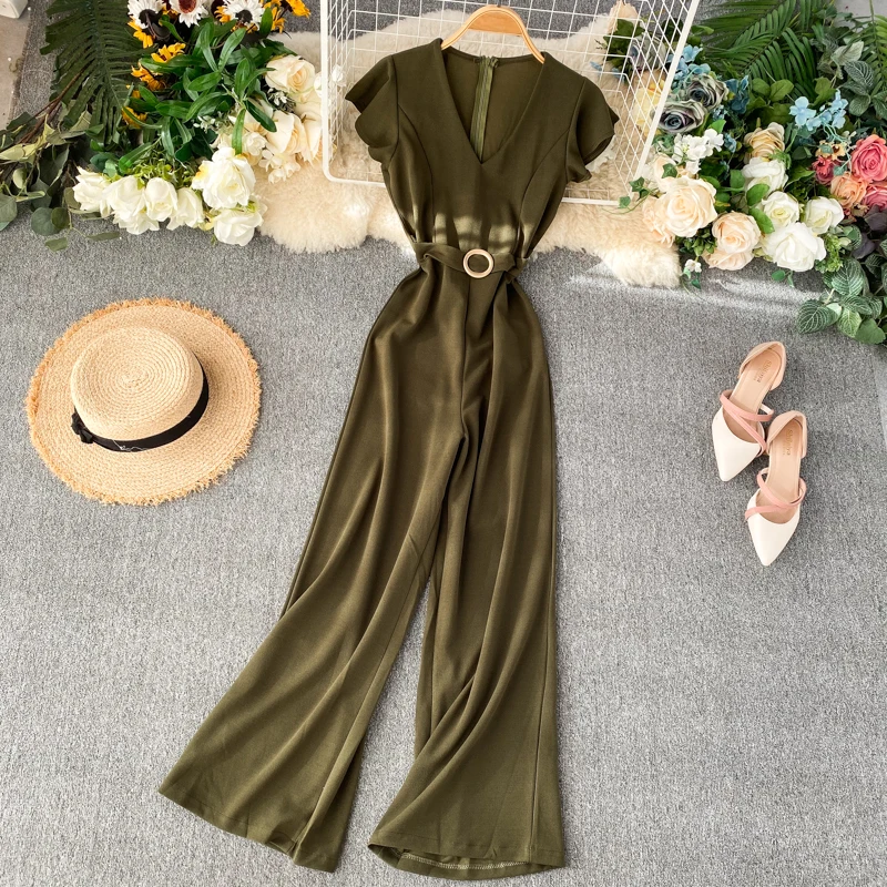 Alphalmoda женский комбинезон,, гофрированный короткий рукав, металлическая пряжка, ремень для широкой талии, летние модные комбинезоны