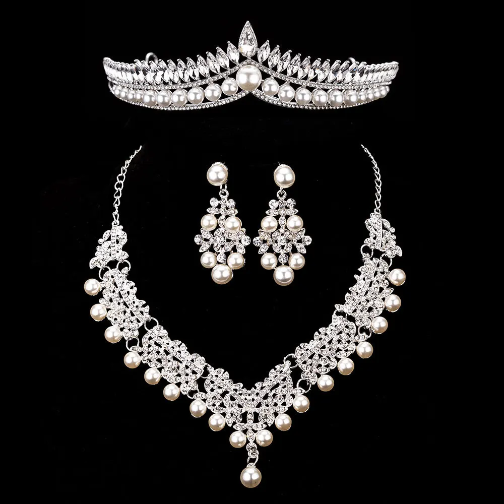 

KMVEXO 3PCS Magnificent Pearl Wedding Bridal Jewelry Sets Women Bride Party Costume Crystal Tiaras Crown Necklace Earrings Sets