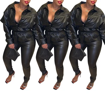

Women Loose Black Long Sleeve Pu Jumpsuits Solid Color Winter Autumn Pockets Faux Leather Jumpsuits