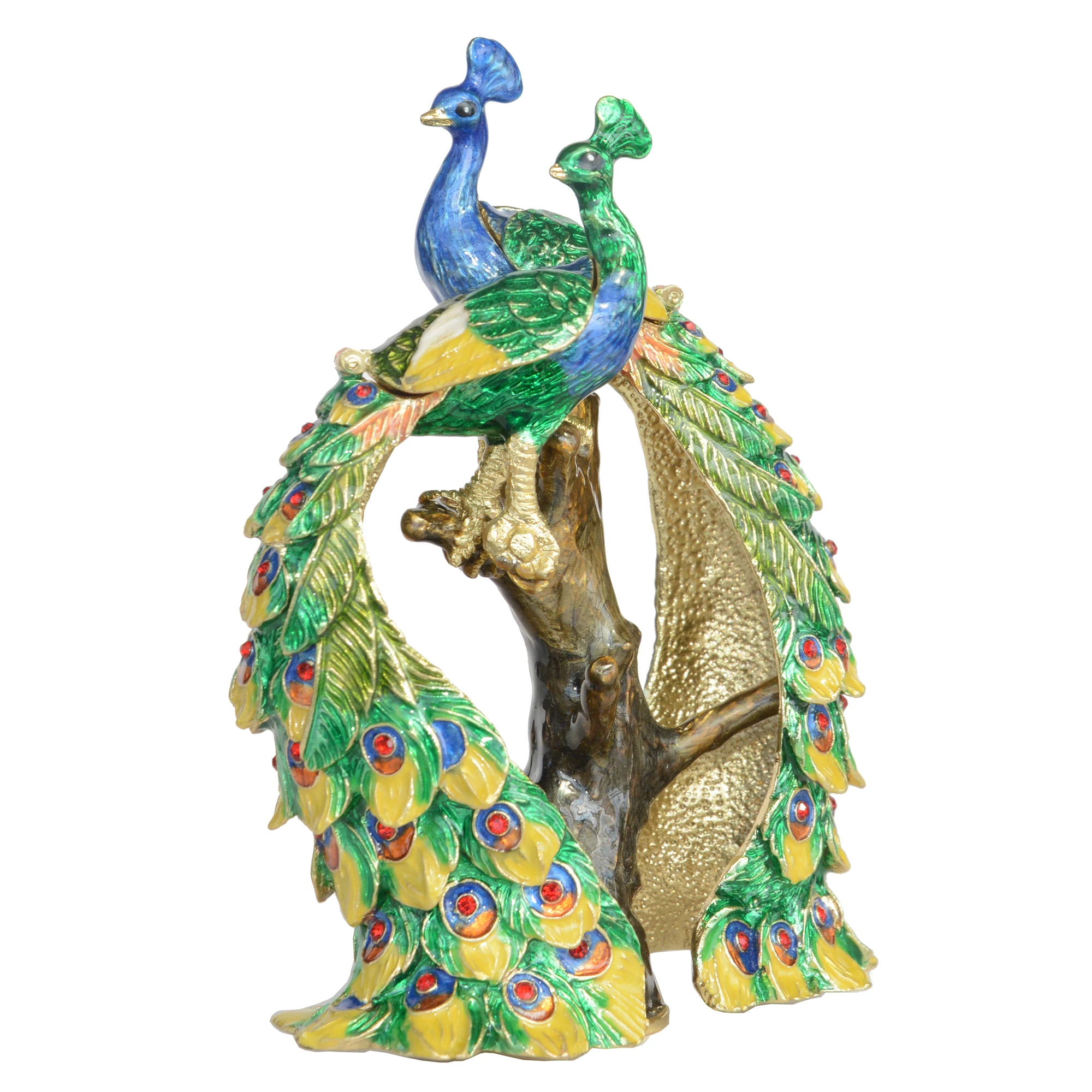Bejeweled Peacock Lovers Trinket Box, Metal Tabletop, Figurine Decoration