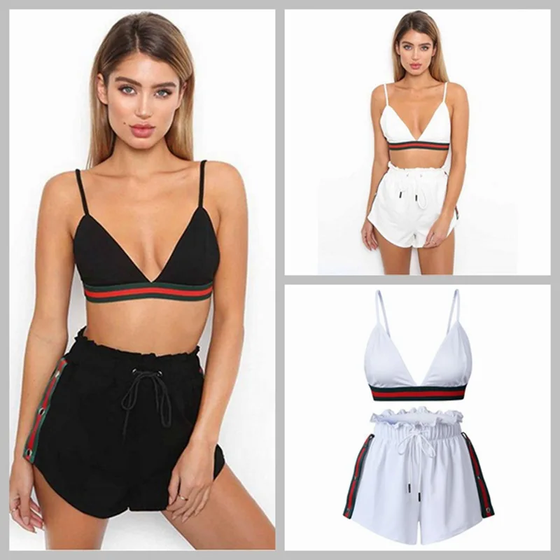 

WOMEN'S Dress-Style Camisole Wrap-around Stripes Vest Lace-up Elastic Shorts Two-Piece Set De0123
