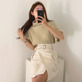

Sannian Women Two Piece Set Autumn Retro High-necked Five-point Sleeve Knit Sweater+high-waist A-line Skirt Suit Women Clothes