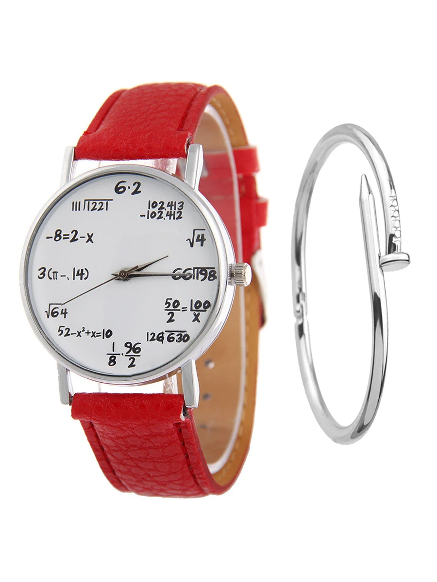Ladies Watch Fashion Math Function Pattern Leather Band Alloy Analog Quartz Vogue women watches luxury bracelet watch - Цвет: red