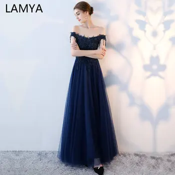 

LAMYA Long Evening Dresses Formal Party Gowns Vestido Elegant Beading Tassel Prom Boat Neck Banquet Lace Blue Sleeveless Vintage