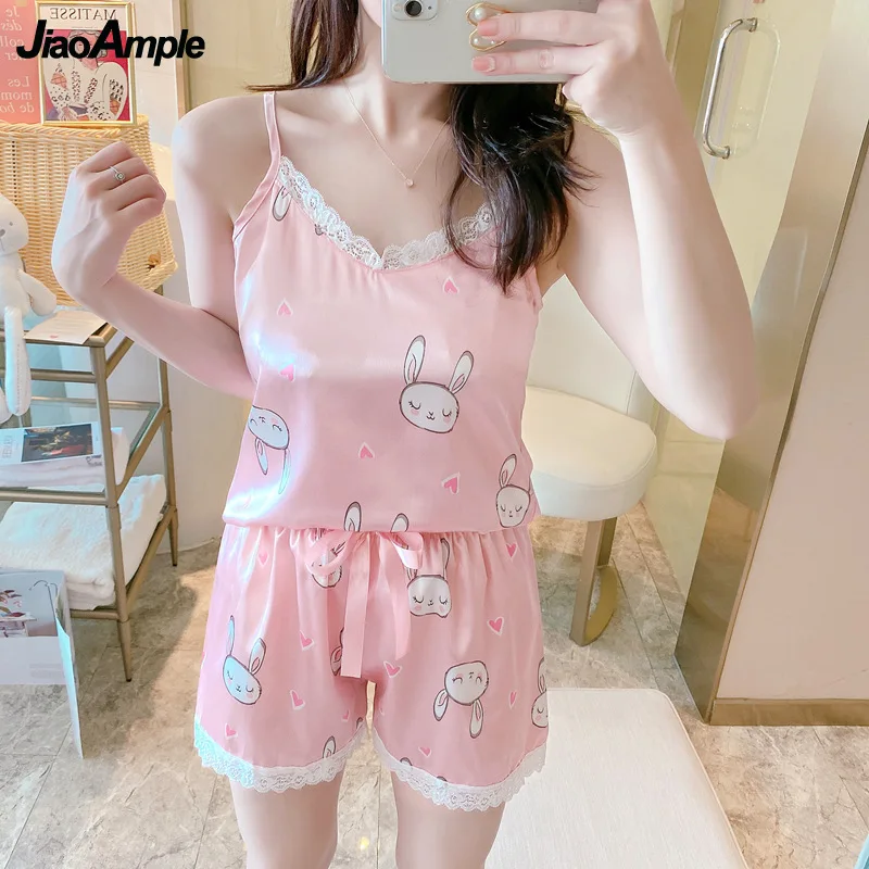2022 New Summer Pajamas Female Silk Cute Pijamas Suit Korean Casual Suspender Shorts Home Clothing Set Sexy Sleepwear Homewear