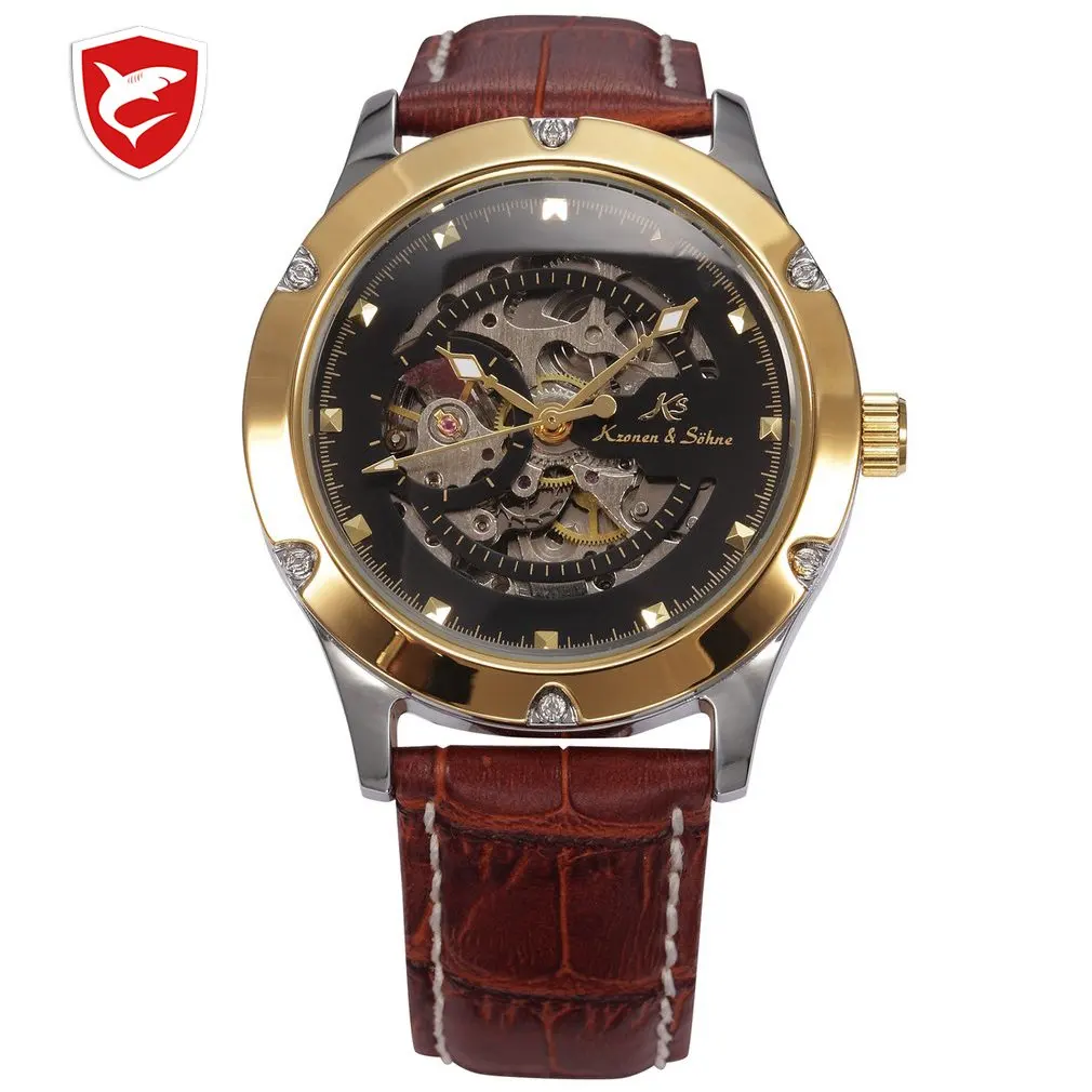 

KS NAVIGATOR Series Golden Case Luxury Skeleton Transparent Case Back Men Gent Automatic Mechanical Stainless Steel Watch /KS207