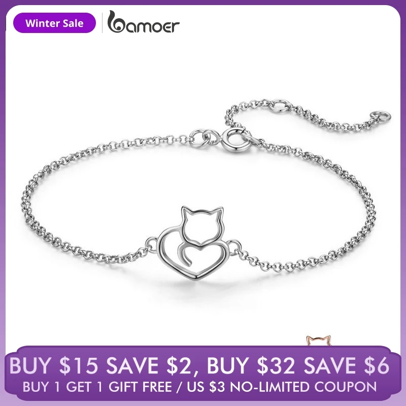 

BAMOER 100% 925 Sterling Silver Cat And Heart Link Chain Bracelets & Bangles for Women Authentic Silver Jewelry Gift SCB102