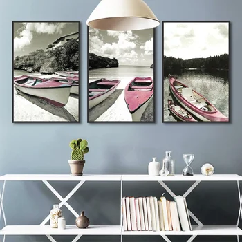 

Two Pink Boats Moored On The Calm Waters Of The Gray World Art Picture Canvas Painting For Living Room Modern Home Decor