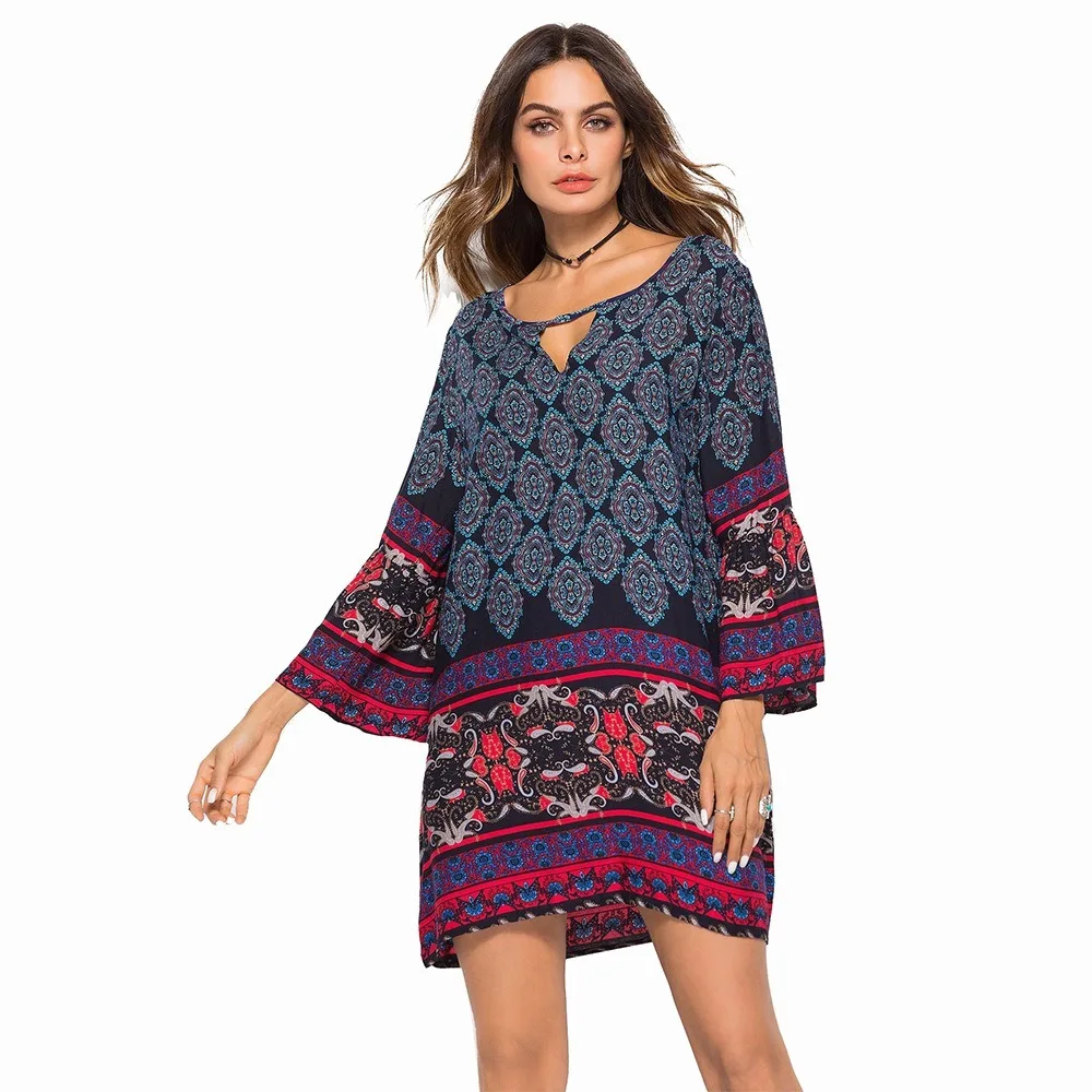

Summer Dress Printed Round Neck Dress Trumpet Sleeve Retro Dresses3/4 Sleeve Loose Waist One-step Dresses Women Fashion 2020