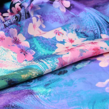 

118CM Wide 19MM 93% Silk & 7% Spandex Pink Floral Print Stretch Blue Silk Satin Fabric for Dress Cheongsam Shirt Jacket B232