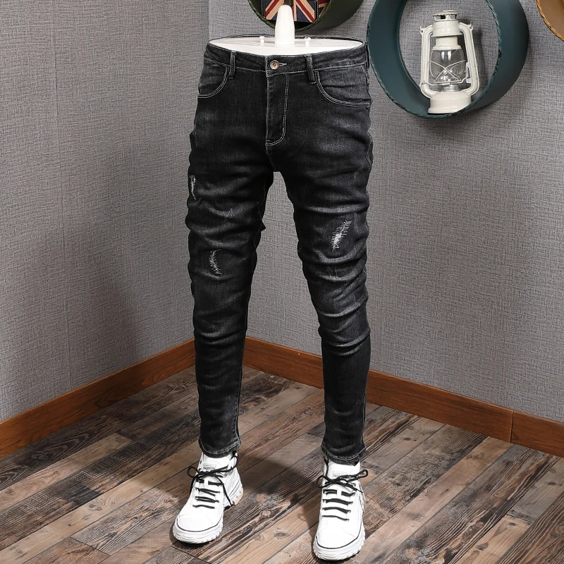 

Korean Style Fashion Men Jeans Black Color Slim Fit Elastic Ripped Jeans High Quality Streetwear Hip Hop Denim Long Pencil Pants
