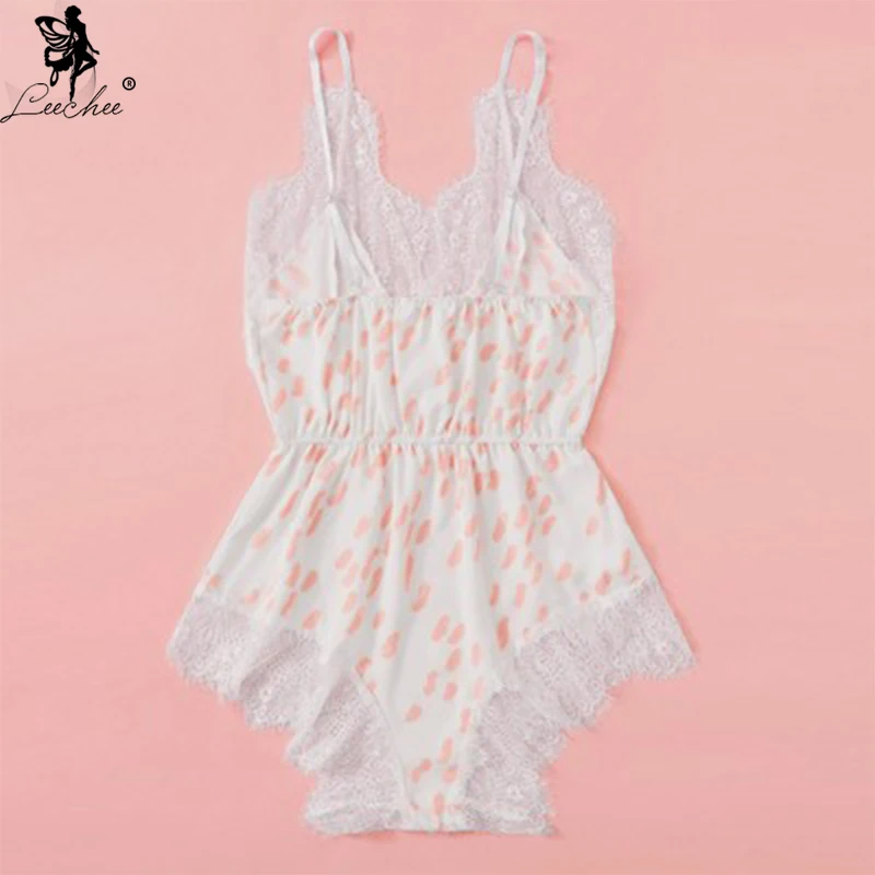 

Leechee Lace sleeveless nightie for women Wave point nylon pyjama femme V-neck sexy Sling onesies adults underwear white