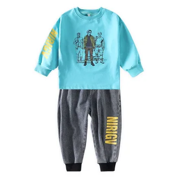 

Autumn new children's clothing boys' suit pullover sweater jeans two-piece set medium and large children's printed clothing