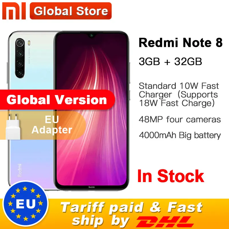 Xiaomi Redmi Note 8 с глобальной версией, 32 ГБ, 3 ГБ, восьмиядерный смартфон Snapdragon 665, 6,3 дюйма, 48мп, четырехъядерный, задняя камера, мобильный телефон, 4000 мАч