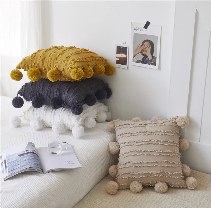 

Nordic 3D plush jacquard with ball cushion cover solid color sofa bed bar decorative pillow cover yellow gray white pillowcase