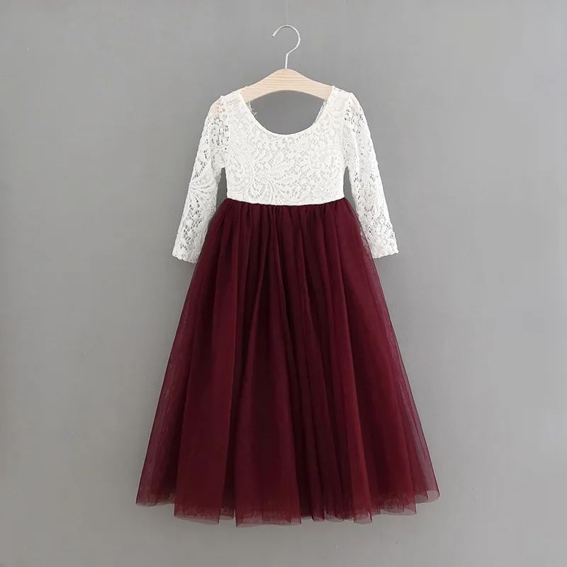 Платье принцессы для девочек, платье для свадебной вечеринки длиной до щиколотки, белое кружевное пляжное платье с ресничками сзади, детская одежда, E15177 - Цвет: plum red dark
