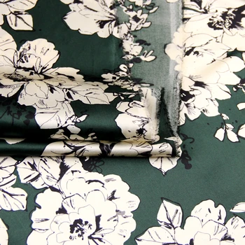 

White Flower Green Silk Stretch Satin Fabric 93%Silk 7%Spandex Wide118cm 19MM