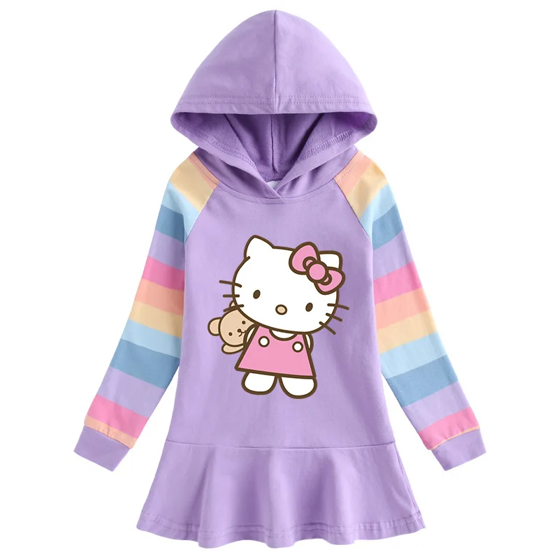 Hello Kitty-vestido de algodón con dibujos de arcoíris para niñas, suéter con capucha de manga larga, falda de princesa, ropa para niños, primavera y otoño