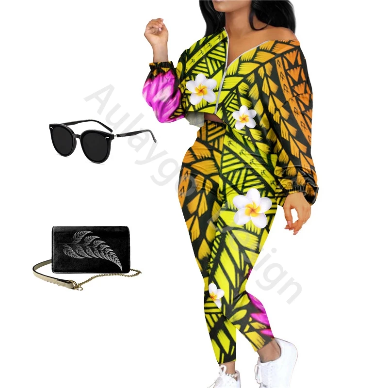 

Samoas Plumeria Print Polynesian Tribal Clothing Zipper Short Coat And Pant Two Piece Outfits 2021 New Loungewear Set Ropa Mujer