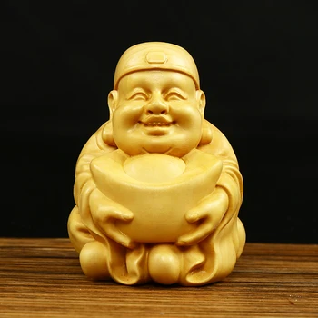 

Wood sculpture handicraft Boxwood carving Home accessories Ornament of Buddha Gold ingot Mammon Handlebars