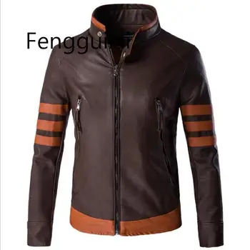 

FENGGUILAI Spring Autumn 2020 Coffee Men's Wolverine Leather Jacket Warm Motorcycle Leather Locomotive Jacket Size M-5XL