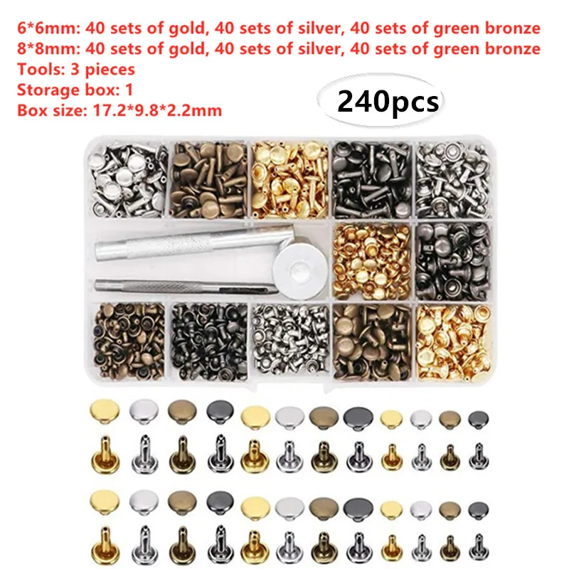 

Leather Rivets Double Cap Rivet Tubular Metal Studs 240 Pcs DIY Leather Craft Rivets Rep Set with Punch Pliers Fixing Tools