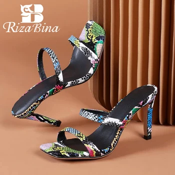 

RIZABINA Sandals Square Toe Summer Women Shoes Thin High Heels Sandals Sexy Snakeskin Slip On Casual Shoes Slippers Size 33-42