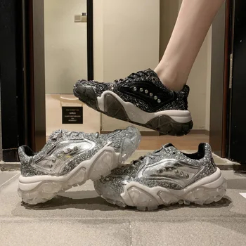 

ins super fire net red dad shoes women 2020 spring new rhinestone jelly thick bottom lace-up casual sports shoes women's shoes