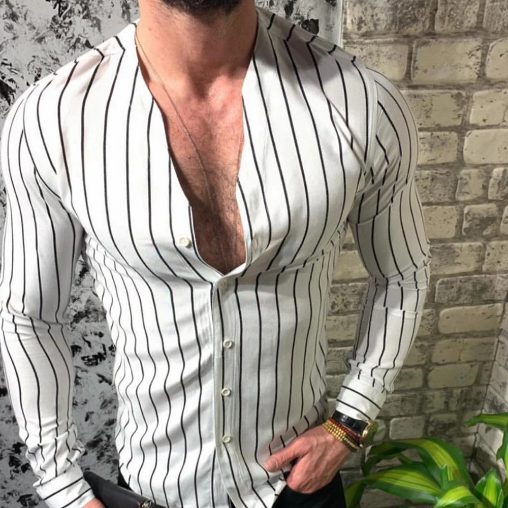 Новые мужские полосатые рубашки уличная мужские рубашки в стиле кэжуал с v-образным вырезом Slim Fit мужские блузки с длинными рукавами рубашки мужская одежда топы