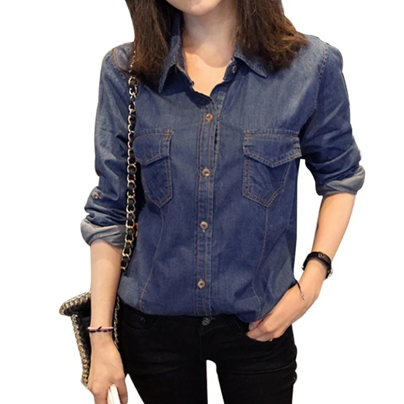 

Women Casual Blue Denim Shirt Lapel Long-sleeved Slim Thin Shirt Button Pocket Wild Women Denim Blouse Tops