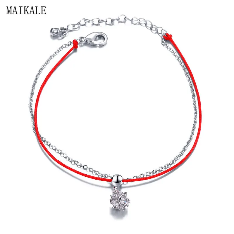 MAIKALE браслеты из красной веревки для женщин Красная цепочка Серебряная цепочка браслет с кубическим цирконием бусины кулон браслет ювелирные изделия на удачу
