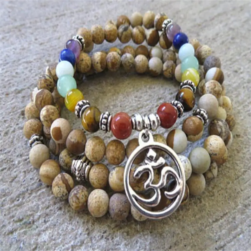 6mm Picture stone agate Mala Bracelet 108 Beads pendant Buddhist Unisex Gemstone cuff chain Handmade Tassel Lucky Prayer Men