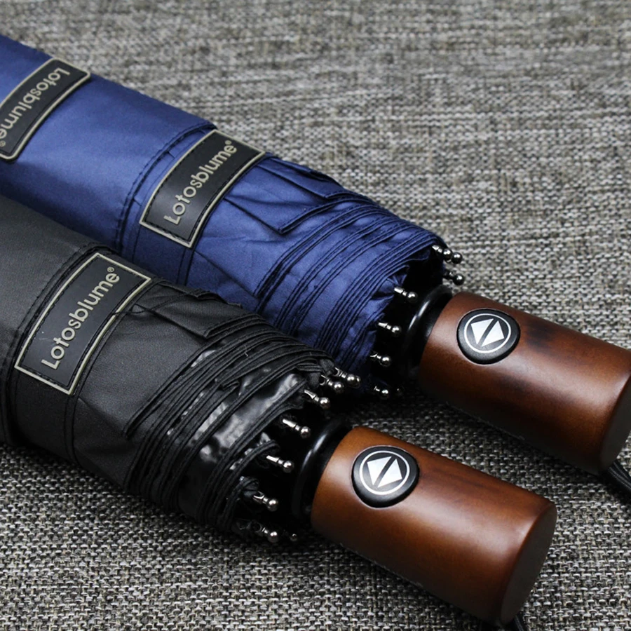 Luxury Wood Handle Male Man Business Windproof Umbrella Automatic 3 Folding UV Protection Anti Sun Umbrella Rain Women Black