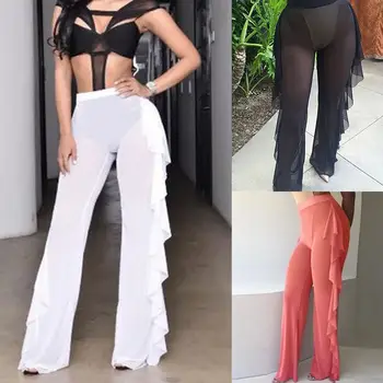 

2018 Women Pant Ruffles Mesh Long Pants High Waist Wide Leg Pants Trousers Ladies Plus Size