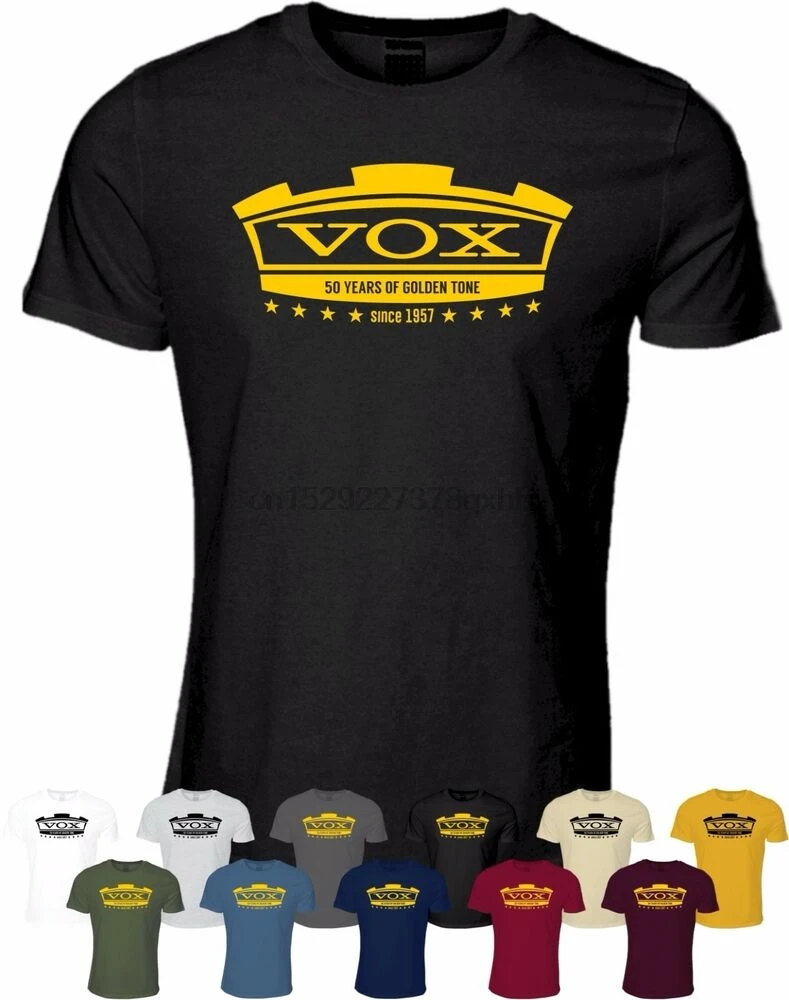 Vox Amplification T-Shirt Guitar Gold Tone Tee Mens Cotton Rock Music Top |