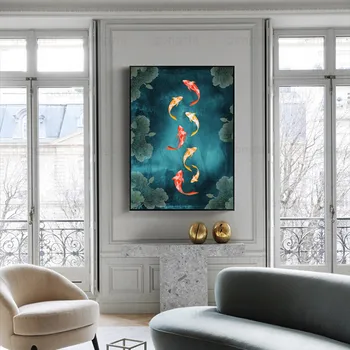 

Light Luxury Dark Green Lotus Pond Beautiful Goldfish Modern Minimalist Home Wall Painting Hd Frameless Canvas Printed Poster