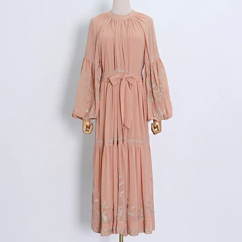 

SeeBeautiful Vintage Simple Round Collar Lantern Sleeve Embroidery Large Size Dress Woman Summer Autumn 2020 New Fashion L738