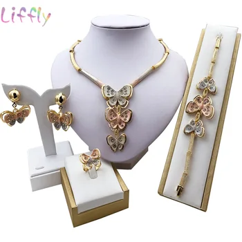 

Liffly indian Bridal Jewelry Sets Butterfly Shape Necklace Bracelet Earrings Ring dubai gold jewelry sets for women