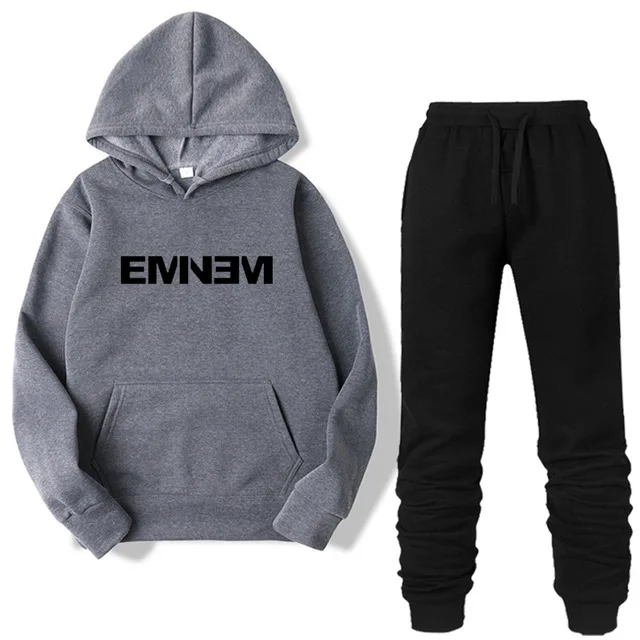Dark grey-B Комплект из двух предметов, модная Толстовка EMINEM для мужчин/женщин, спортивный костюм с капюшоном, осенняя брендовая одежда, толстовки+ штаны, комплекты - Цвет: Dark grey-B