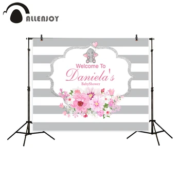 

Allenjoy Baby Shower Photocall Wallpaper Flowers Leaves Stripe Cartoon Elephant Backdrops Child Birthday Photozone Party Banners